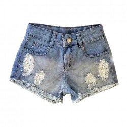Short Jeans Color Girl Detalhe Fundo em Renda