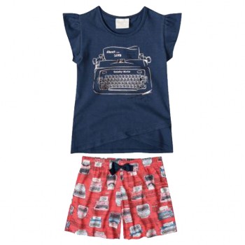 Conjunto Infantil Manga Curta Azul Feminino Quimby