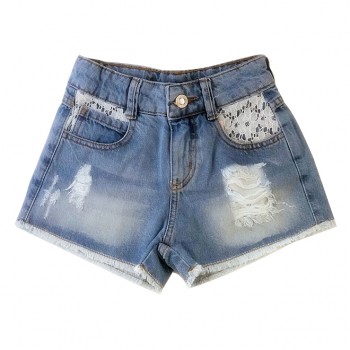 Short Jeans Color Girl com Detalhe em Renda Bolso Frontal