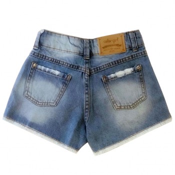Short Jeans Color Girl com Detalhe em Renda Bolso Frontal