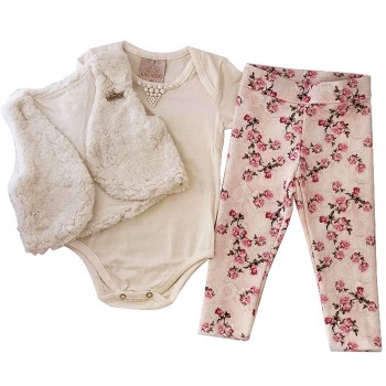 Conjunto 3 Peças Body, Colete Pêlo + Legging
