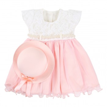 Vestido Wk Girls Com Bordado Floral E Pérola + Chapéu Menina