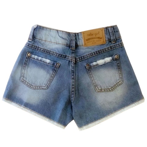 Short Jeans Color Girl com Detalhe em Renda Bolso Frontal