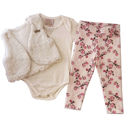 Conjunto 3 Peças Body, Colete Pêlo + Legging